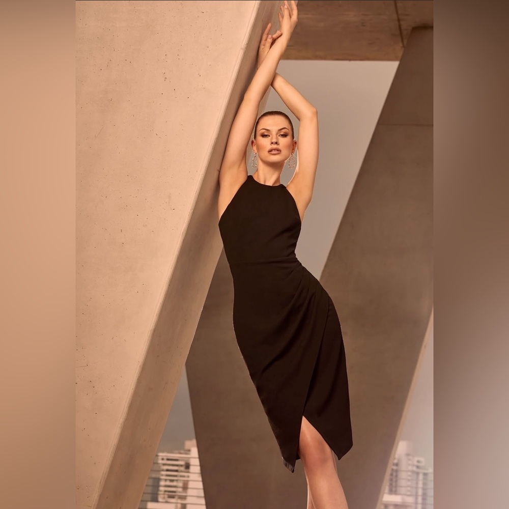 Laundry By Shelli Segal Black Cocktail Black Sleeveless Midi Dress Lined Sz 8